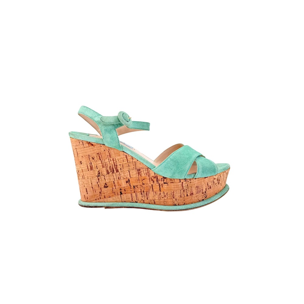 Prada Cork Platform Wedge Sandals Teal Suede Criss Cross Ankle IT 38.5 US 8.5